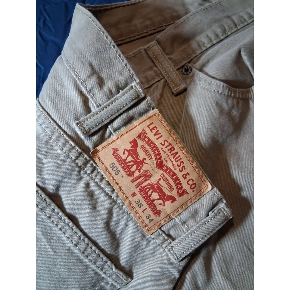 Levi Strauss 505 Jeans Men's 38x34 Khaki Regular‎ Fit White Tab 5‑Pocket